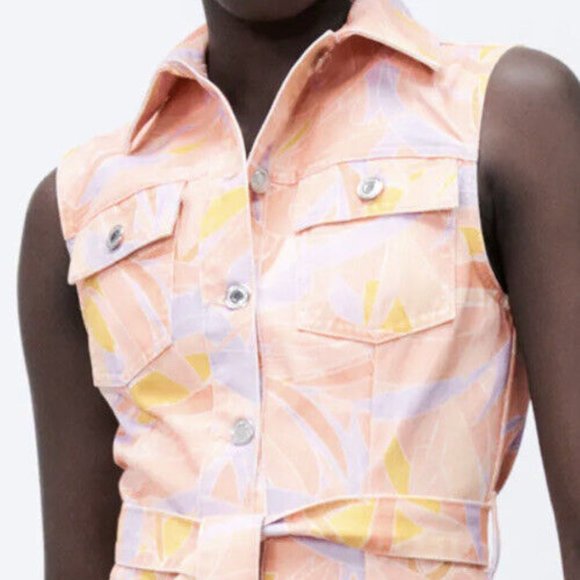 ZARA Denim Printed Floral Peach Belted Dress 6840/262/623 - XL - NEW - Picture 2 of 5